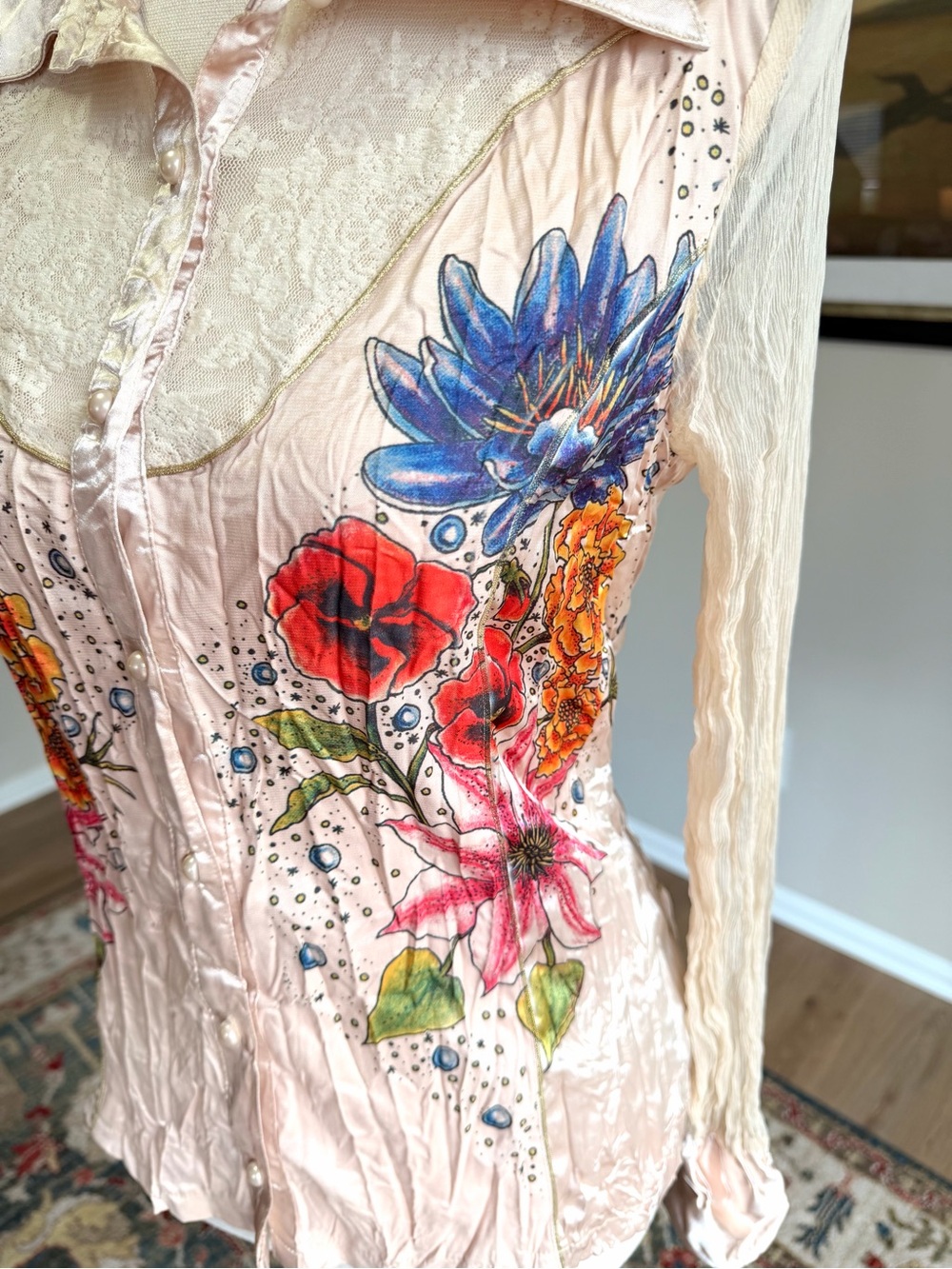Alberto Makali Silk Blend Floral Lace Boho Button Blouse Top M - Picture 12 of 13